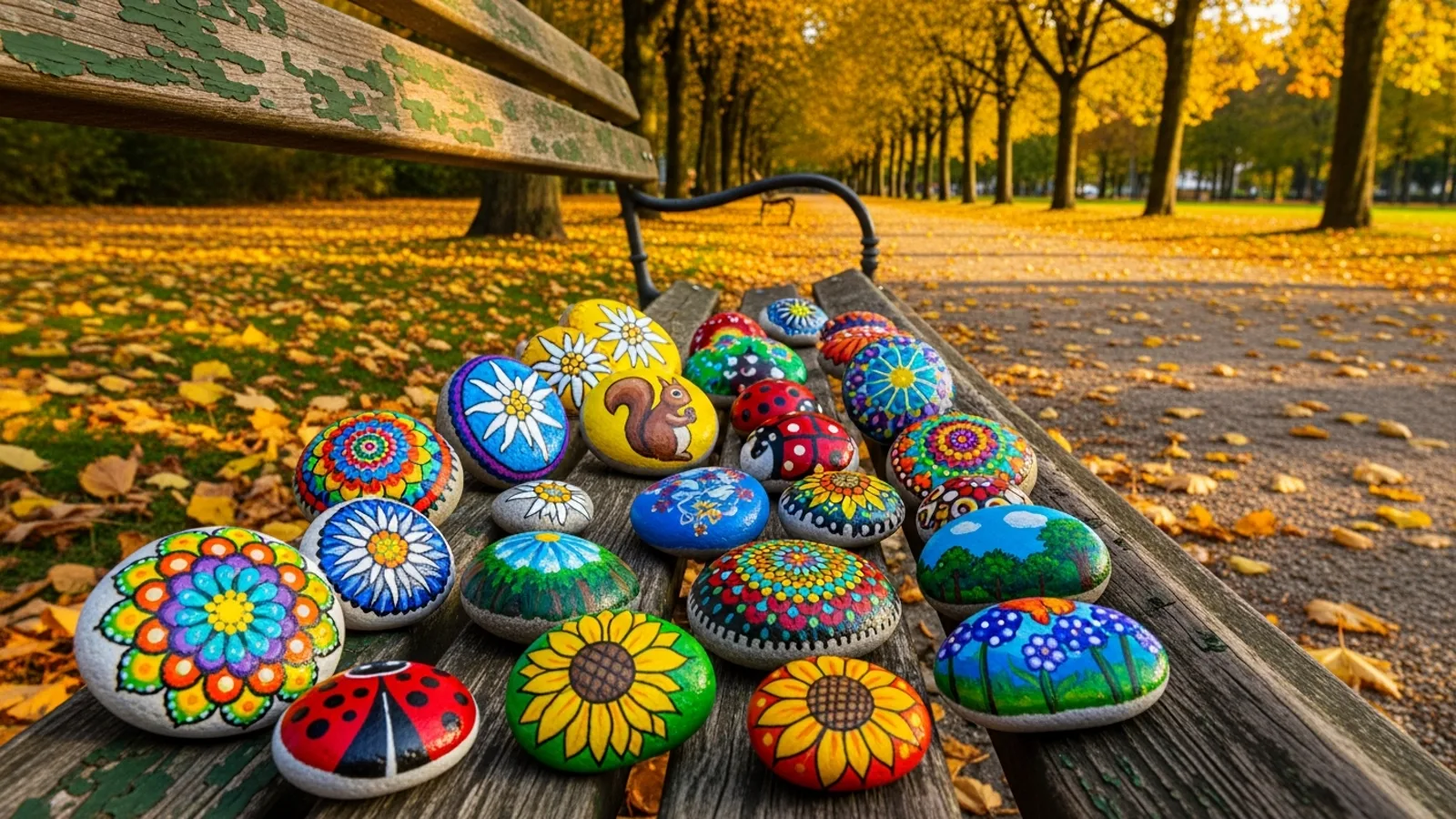 Colourful painted rocks arranged on a wooden park bench in a German city park, autumn trees in background