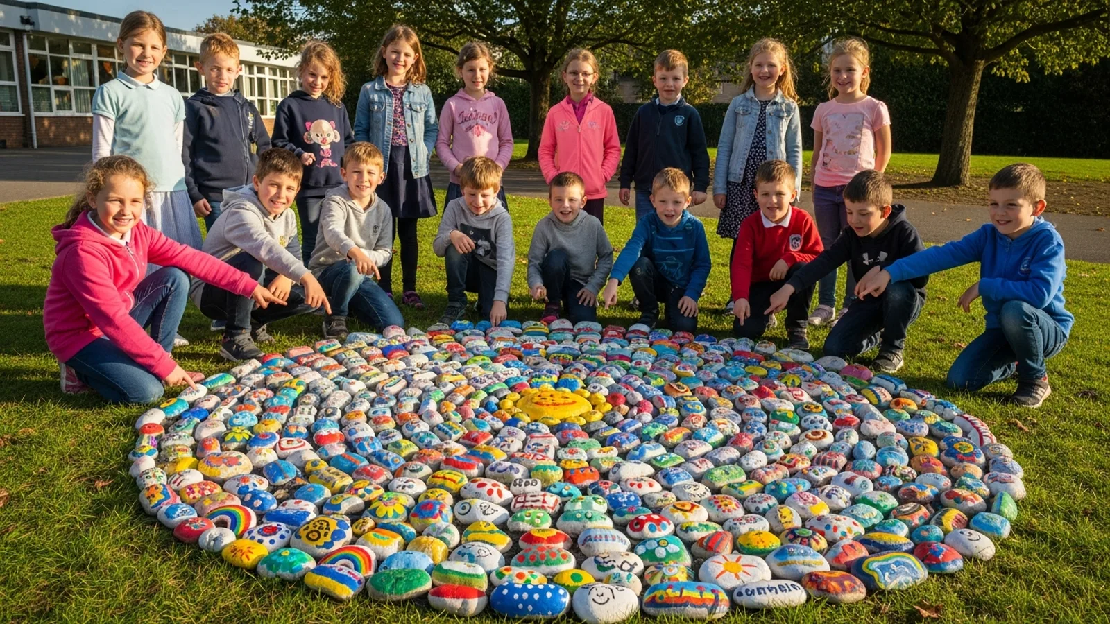 A group of school children outdoors displaying their brightly painted rocks arranged in a colourful mosaic on the ground