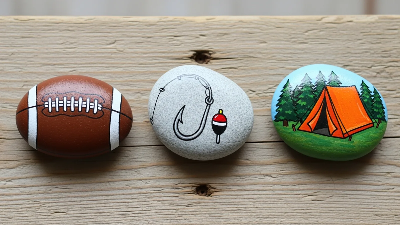 A set of hand-painted rocks with sports themes — a football, a fishing hook, and a camping tent — on a rustic wooden plank