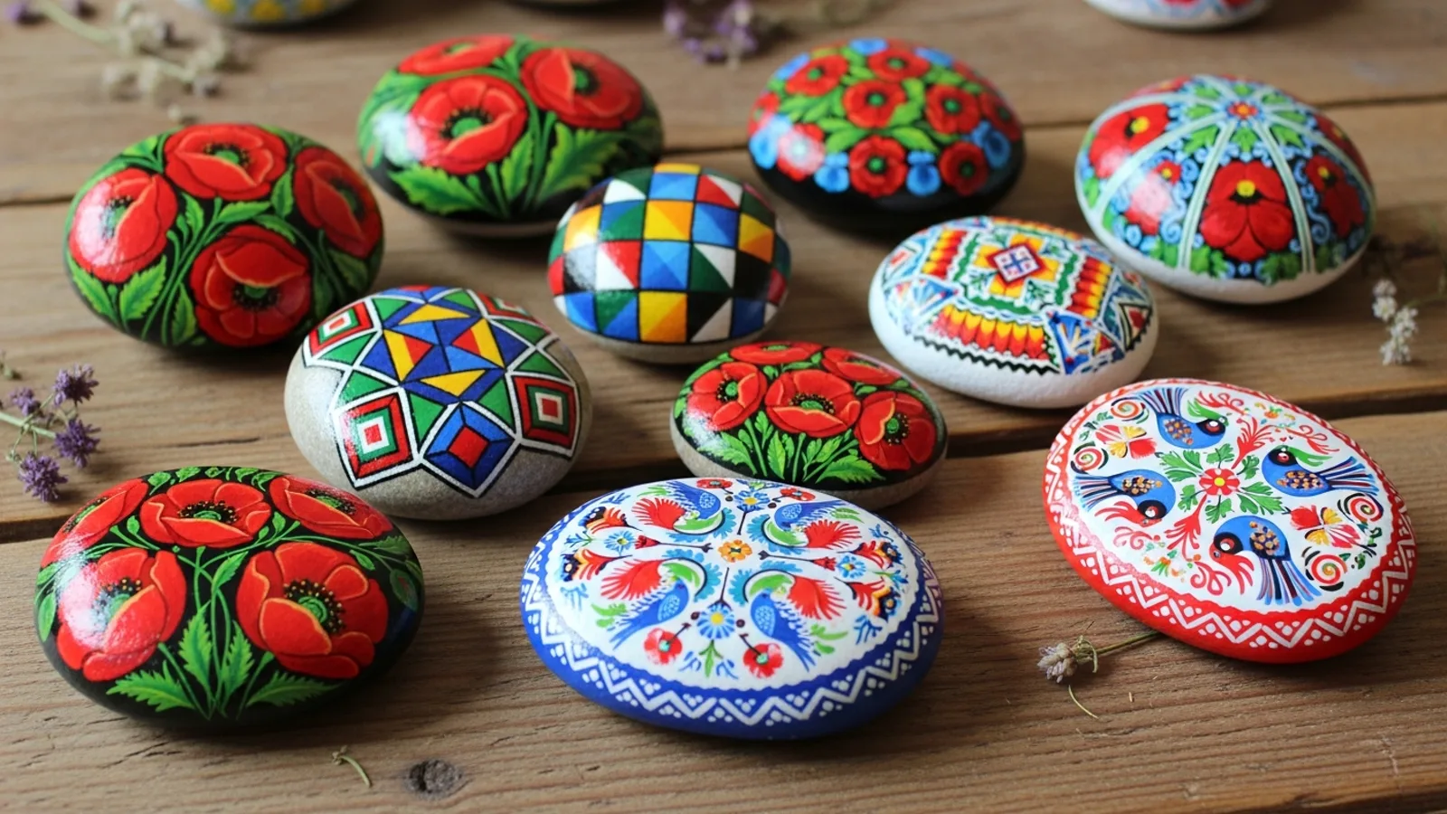 Colourful painted rocks with Polish folk art patterns arranged on a traditional cloth embroidered with regional motifs