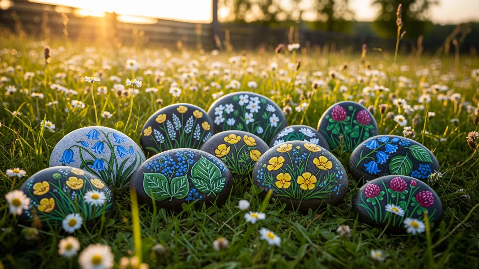 Painted rocks with wildflower and leaf designs arranged in a meadow with white flowers at golden hour, Nordic summer light