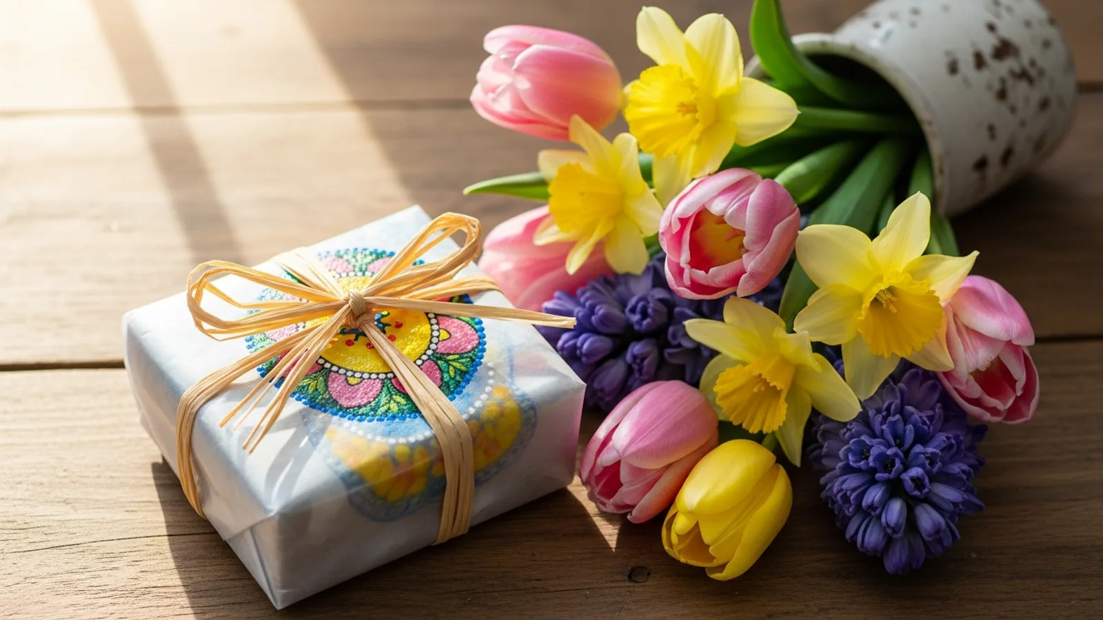A wrapped painted rock gift with a raffia bow beside spring flowers on a wooden surface in warm morning light