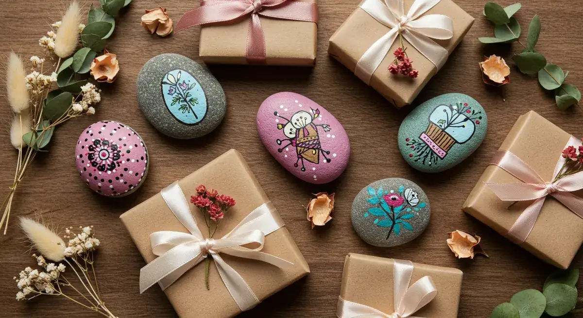 Beautifully painted rocks wrapped in tissue paper and gift boxes as personalised presents