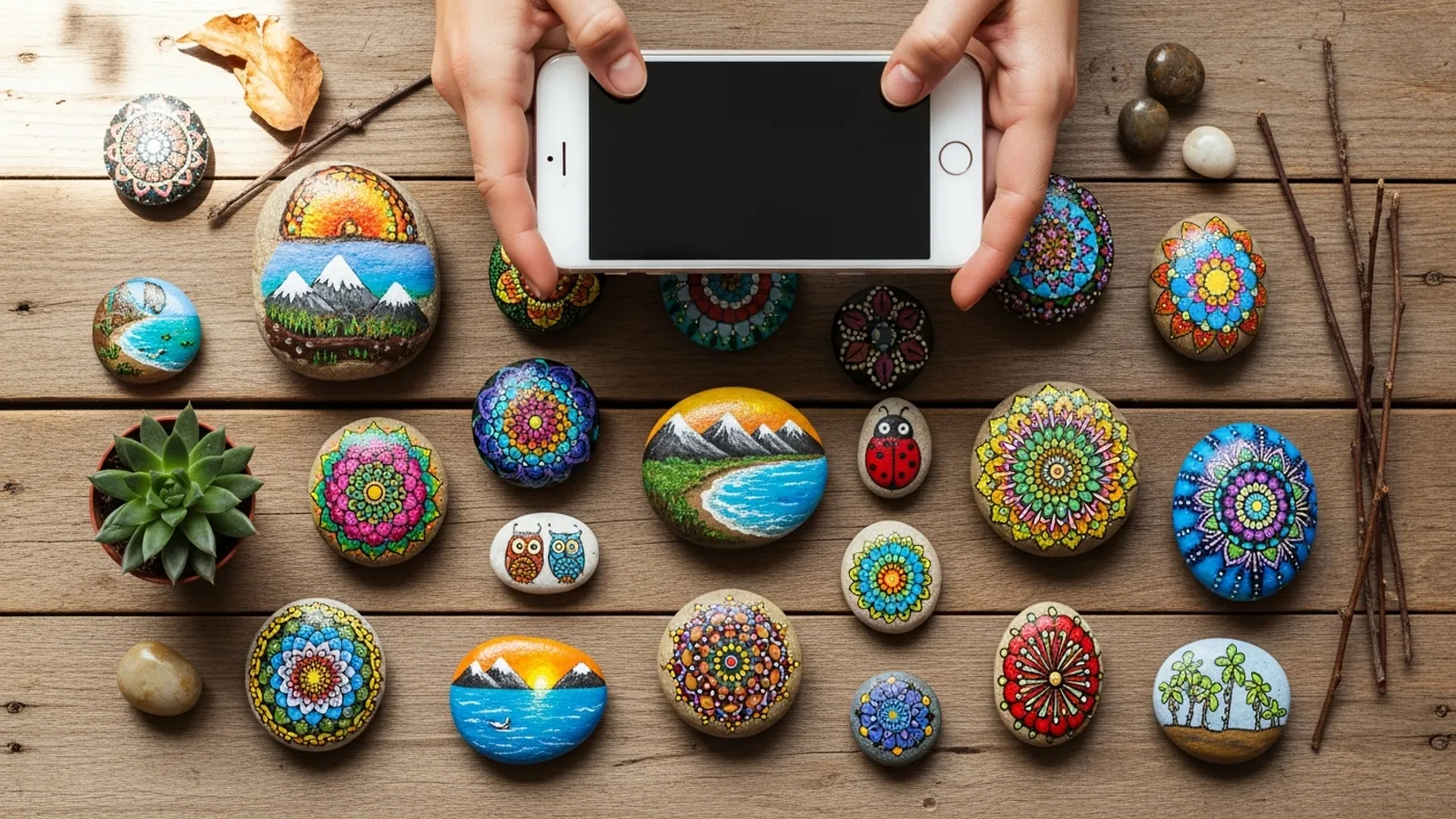 A flat lay of three beautifully painted rocks arranged on a marble surface beside a smartphone for a social media photo