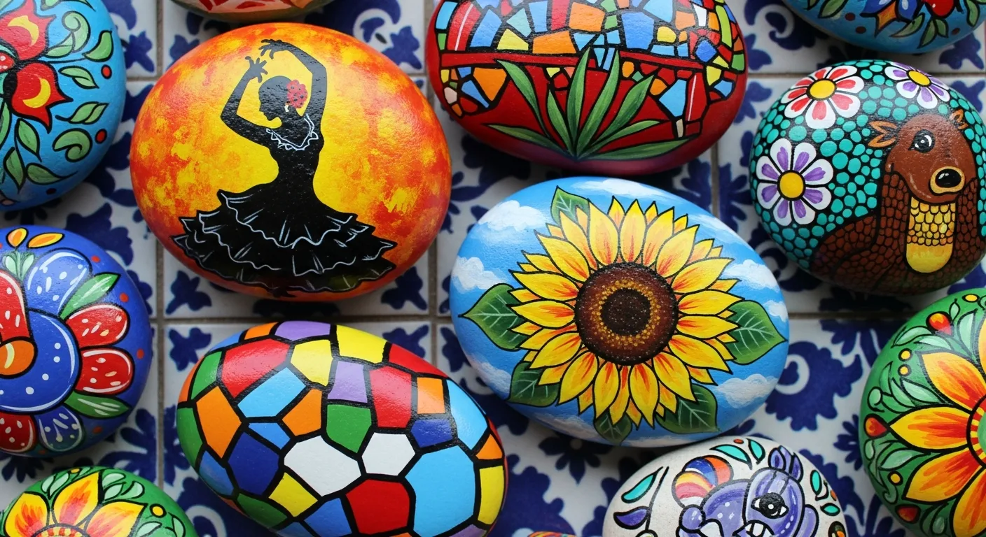 Colourful painted rocks with Spanish folk art motifs including flamenco dancer and Gaudi mosaic designs