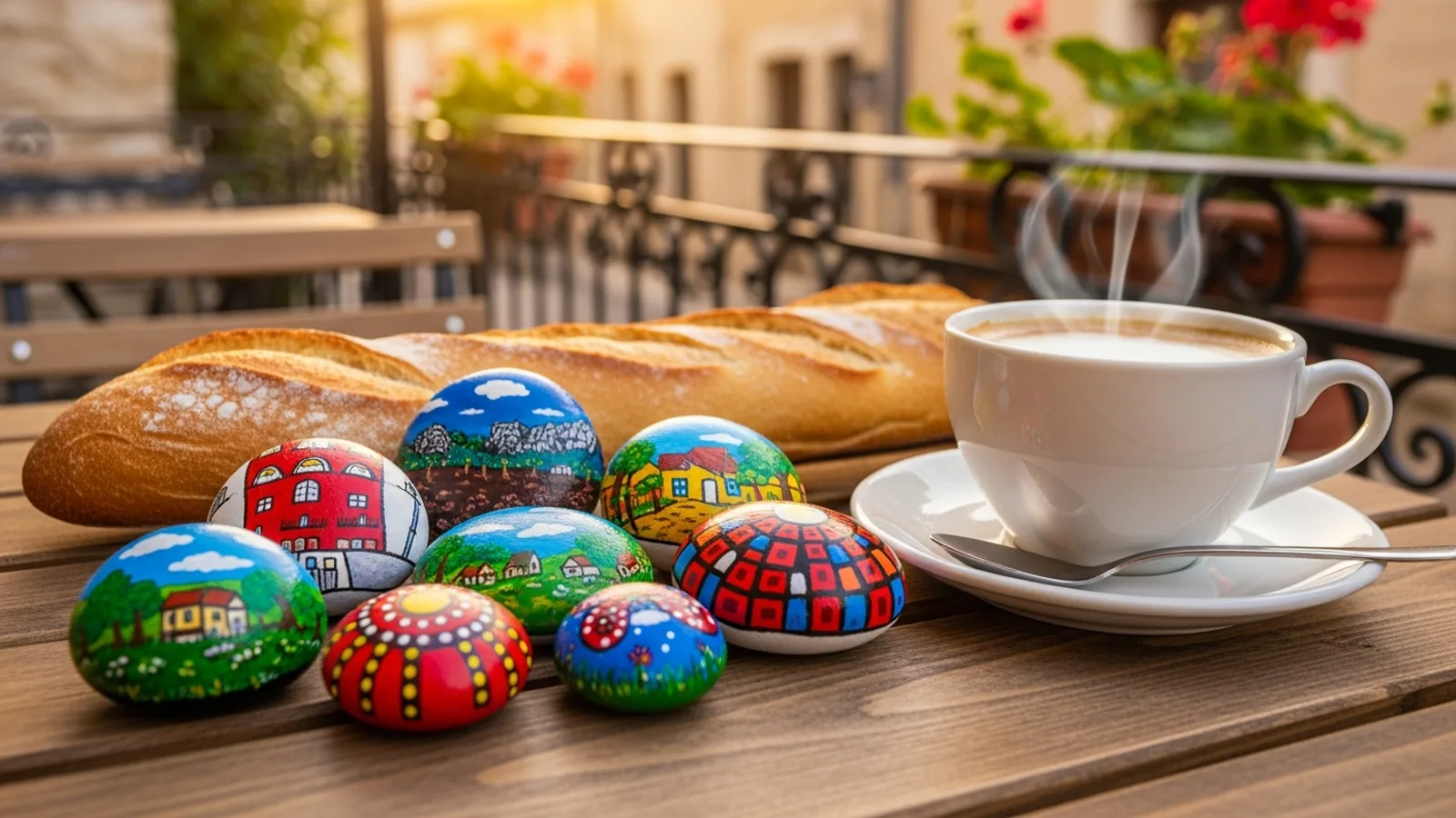 Painted galets arranged on a French café terrace beside a cup of coffee and a croissant in morning light