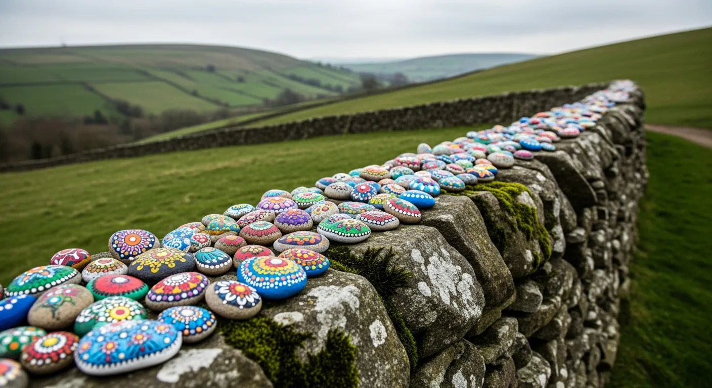 Colourful painted rocks arranged on a drystone wall in the English countryside with rolling green hills