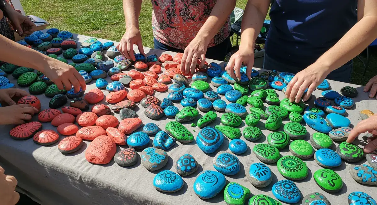Group of people at an outdoor table exchanging colourful painted rocks at a community event