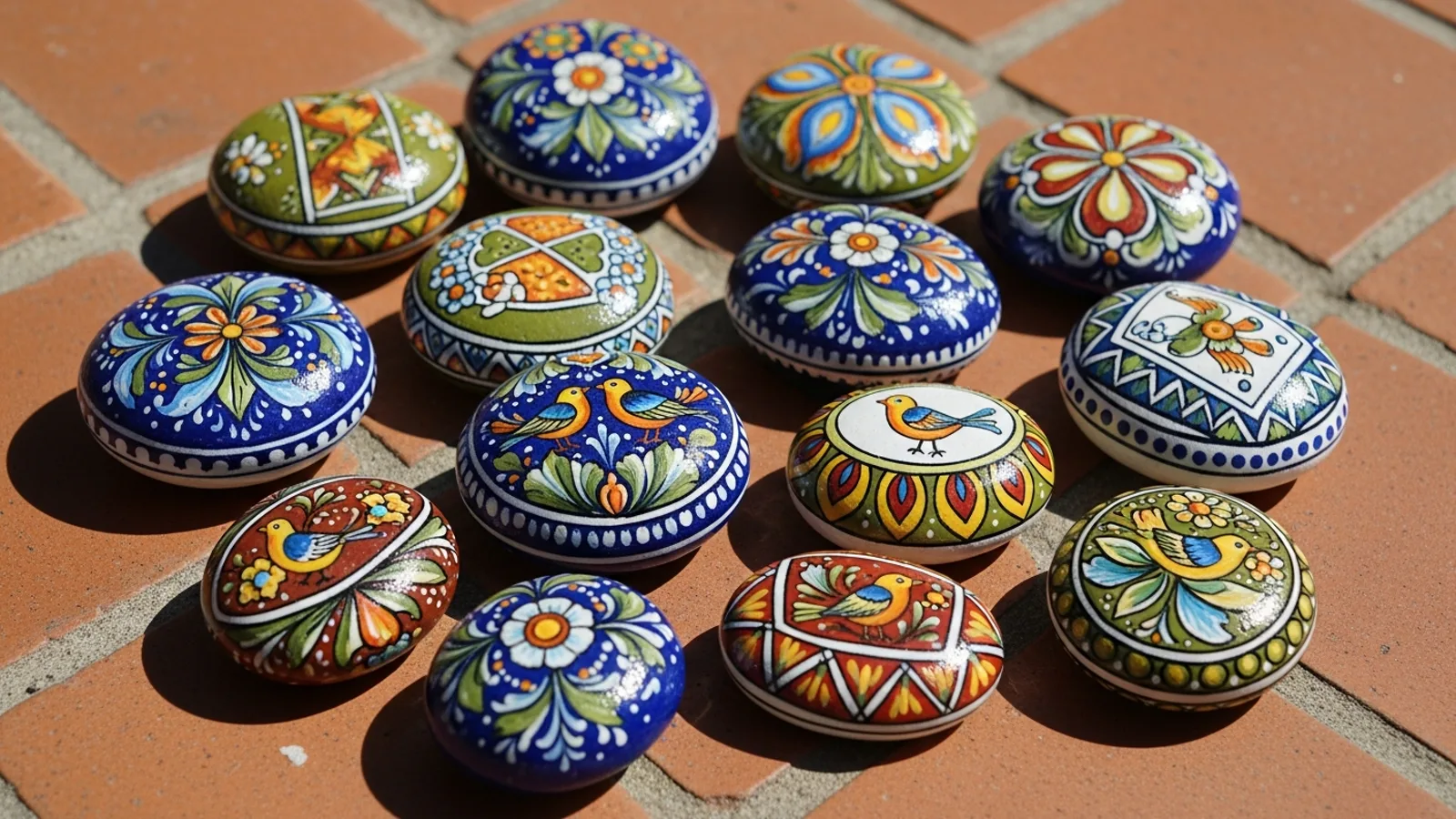 Beautifully painted Italian sassi decorated with Mediterranean folk patterns and citrus motifs on a terracotta tile