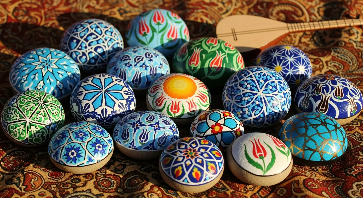 Colourful painted rocks with Turkish tile and tulip motifs on Ottoman-patterned fabric