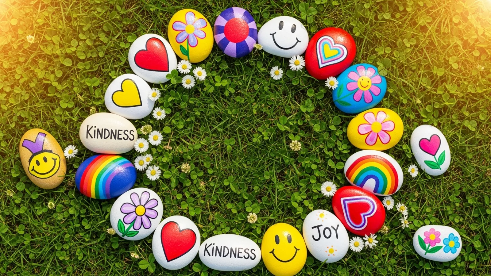 Colorful hand-painted rocks arranged in a circle on green grass celebrating World Painted Rocks Day