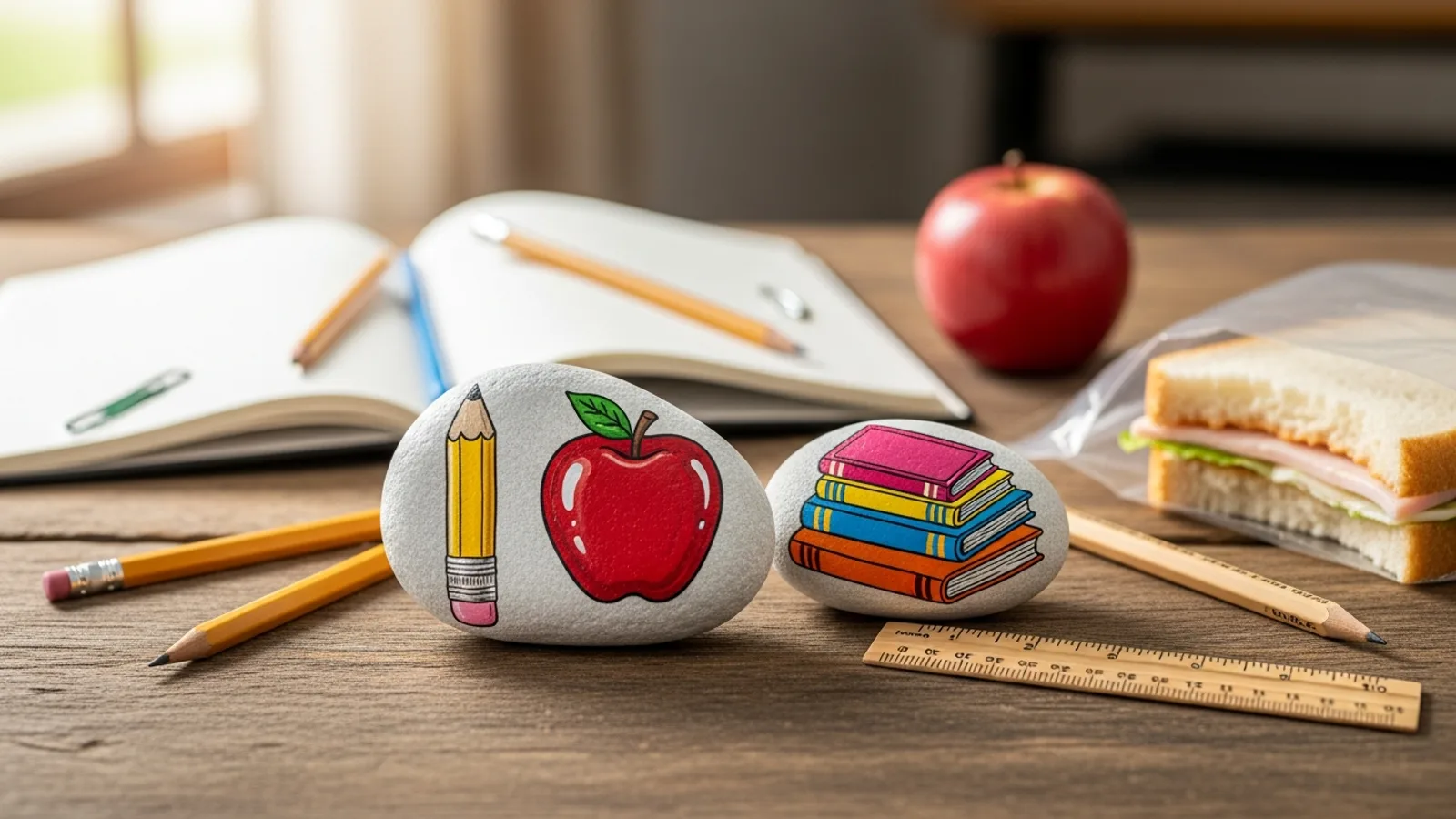 A collection of school-themed painted rocks — pencils, apples, owls, and stars — arranged on a classroom desk with autumn leaves
