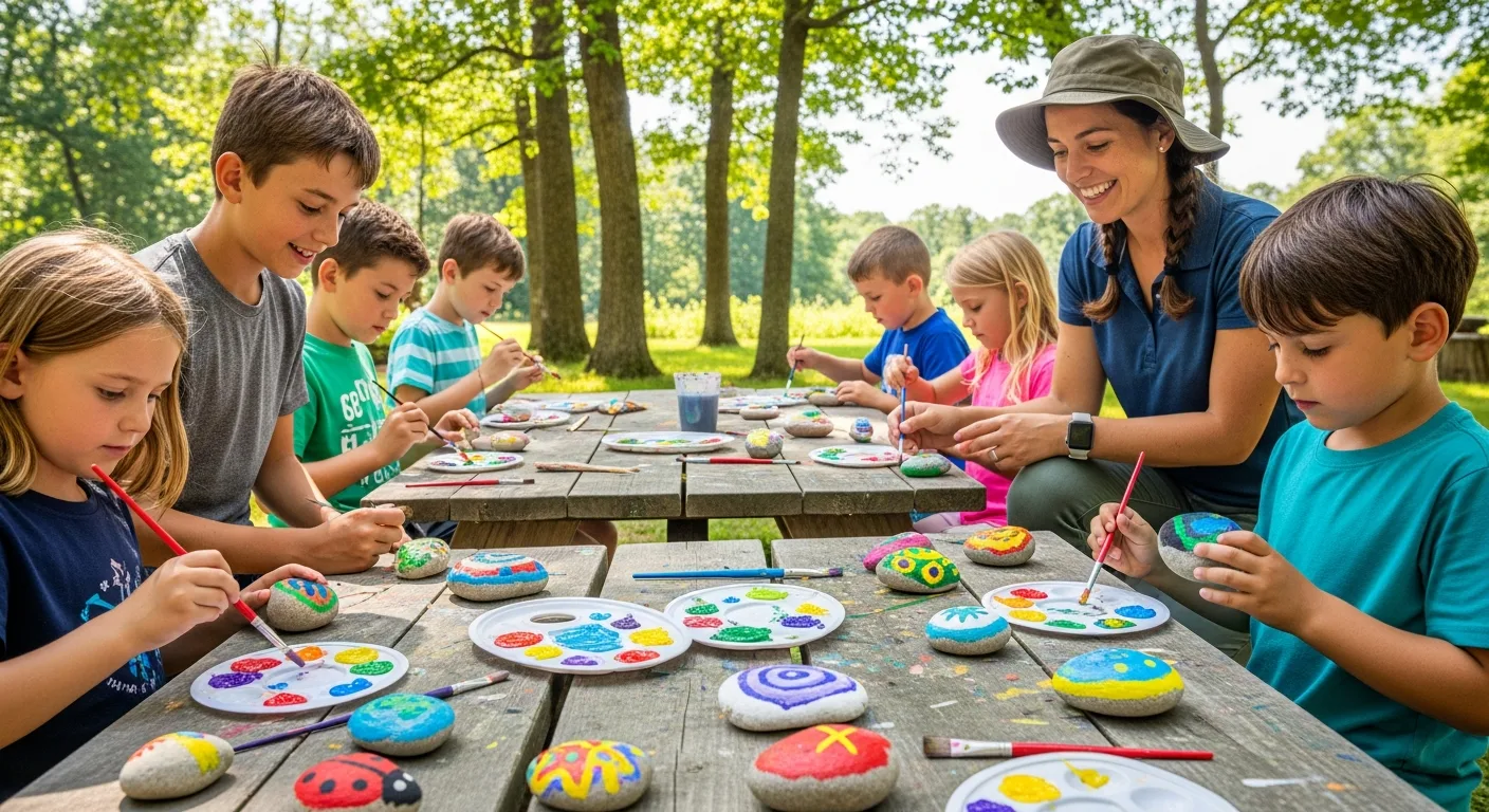 A group of children at a summer camp outdoor art station painting rocks on picnic tables