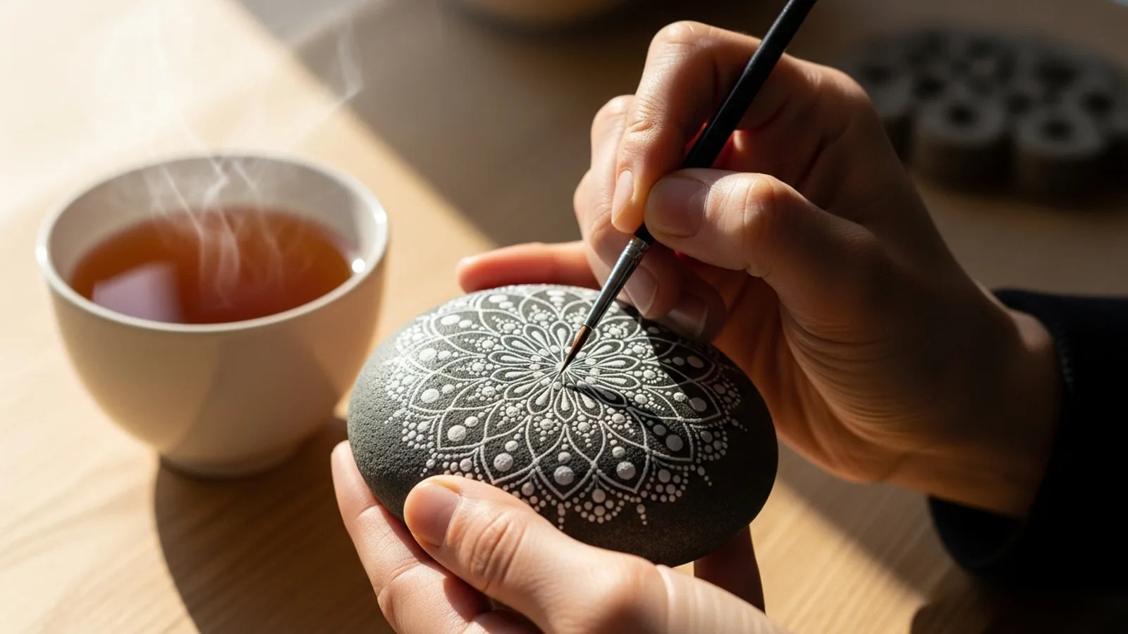 An adult's hands calmly painting a detailed mandala pattern onto a dark river stone in a serene setting with cup of tea
