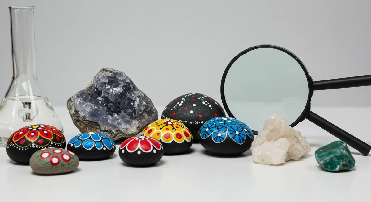 Children conducting science experiments with painted rocks including magnifying glass and weather testing