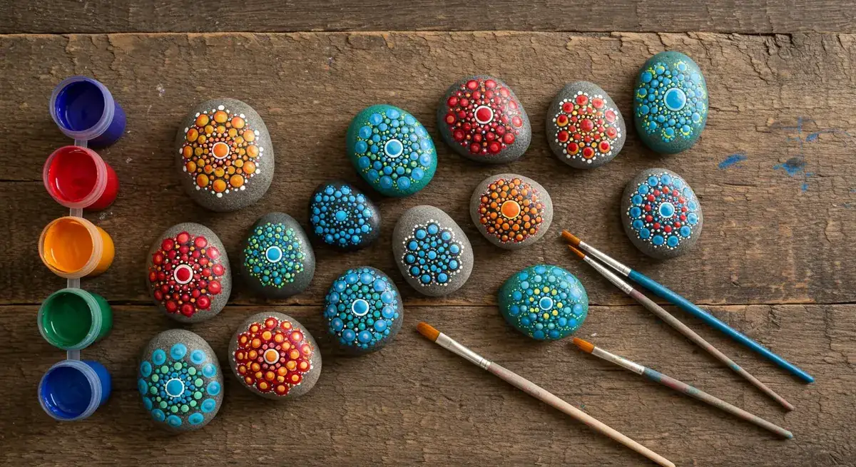 Toddler hands painting colourful dots on smooth river stones at a crafting table