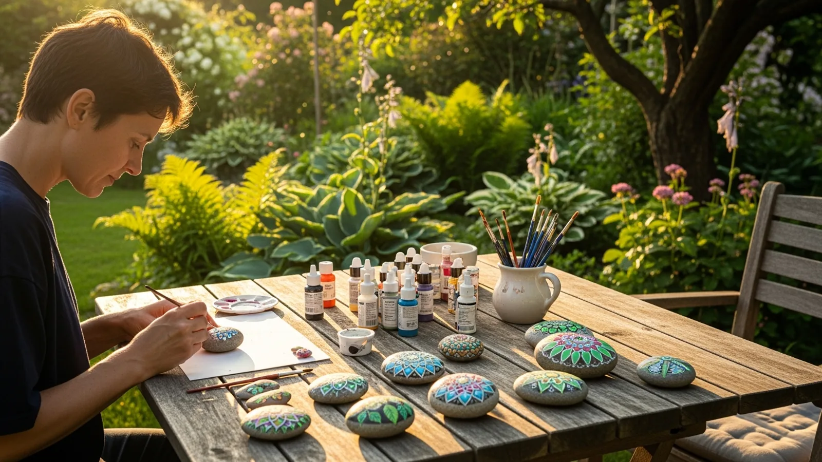 A peaceful outdoor scene with a person painting rocks at a garden table, surrounded by greenery in afternoon golden light