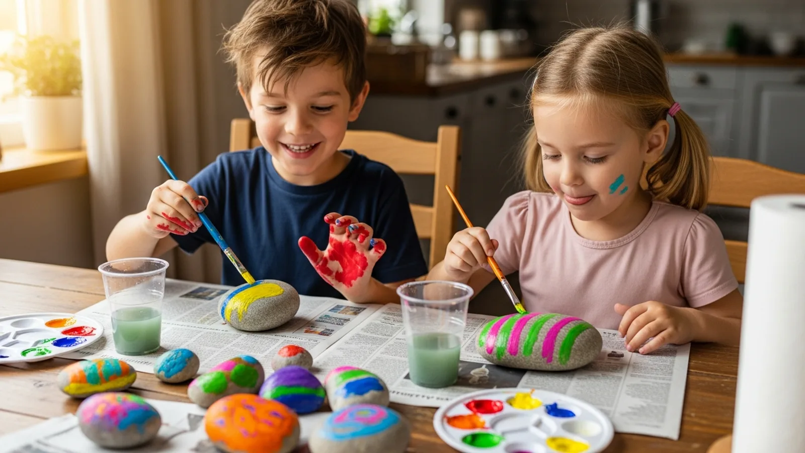 Two young children painting colourful rocks at a kitchen table covered with newspaper with joyful expressions