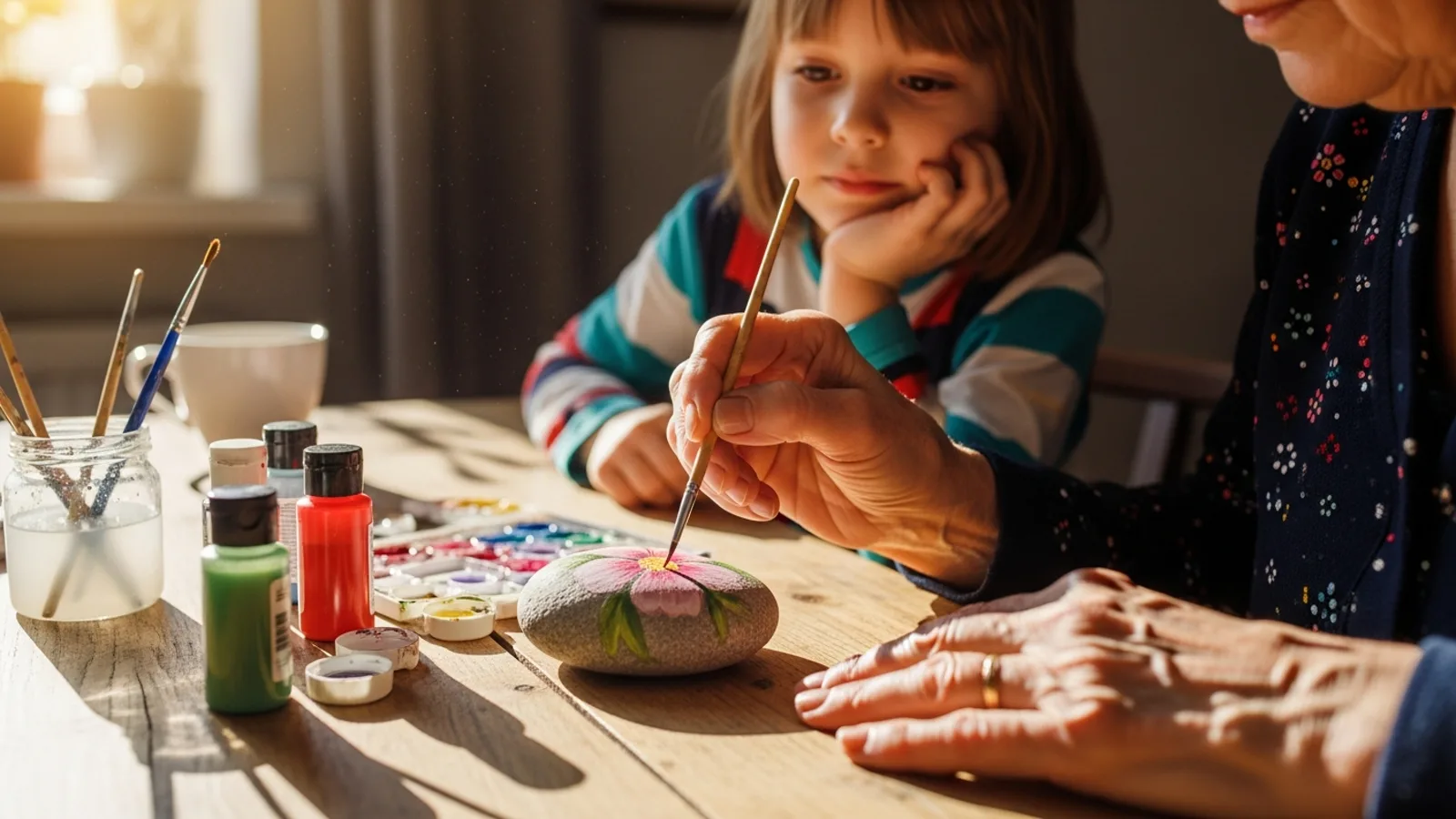 An elderly woman and her granddaughter painting rocks together at a sunlit garden table with warm smiles