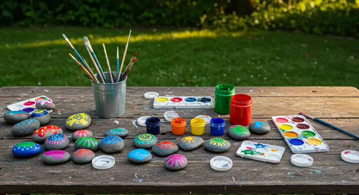 Group of children at summer camp painting rocks at outdoor tables in a sunny park setting