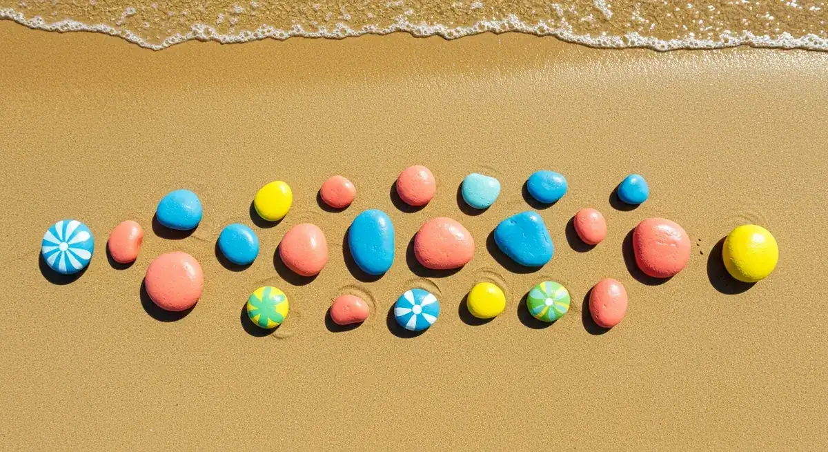 Collection of beach-themed painted rocks with seashells, waves, and fish designs on sandy shore