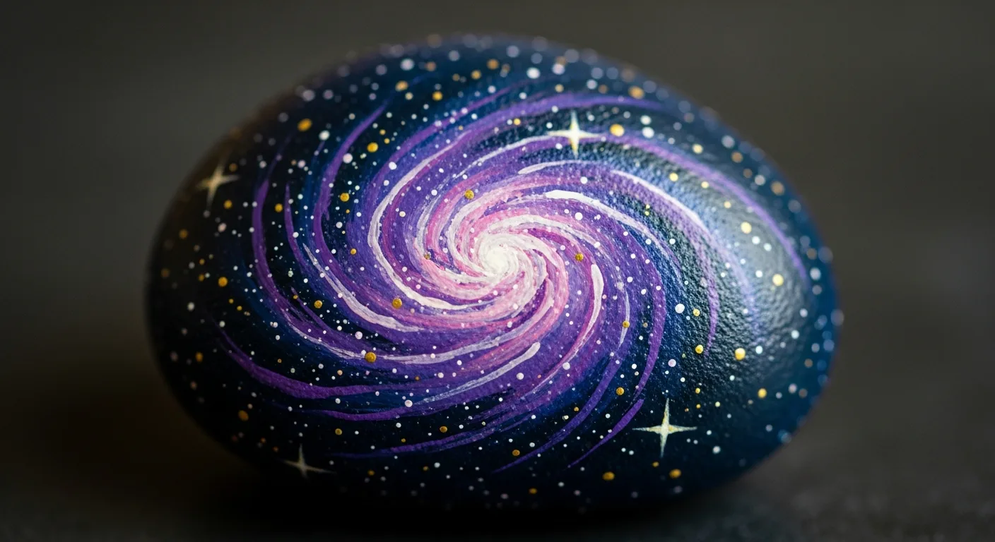 A beautifully painted galaxy rock showing deep navy space with swirling nebulae in purple and pink