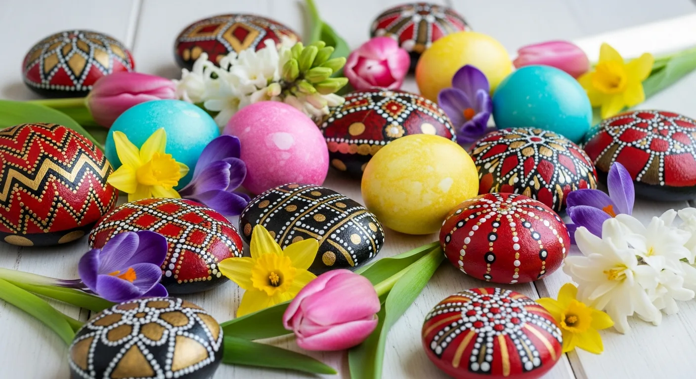 Easter-painted rocks with traditional pisanki geometric patterns in red, black and gold with spring flowers