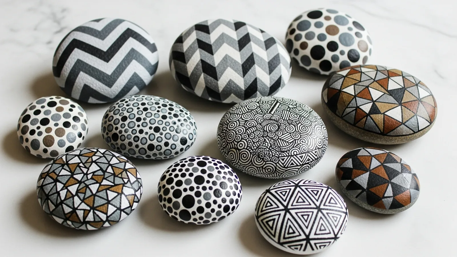 Four smooth rocks each featuring a different pattern style: mandala, geometric, zentangle and floral on a white background
