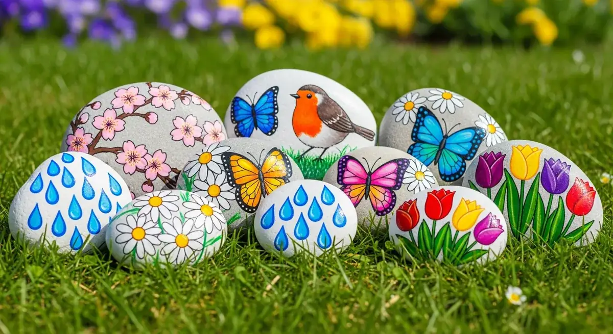 Collection of spring-themed painted rocks with flowers, butterflies, and birds on a grassy surface