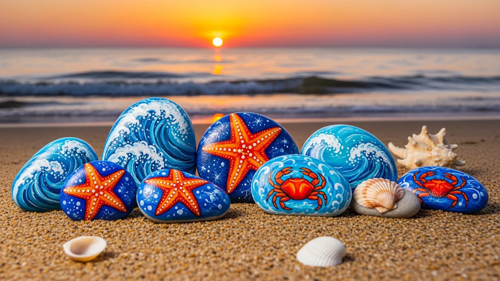 A selection of painted rocks with ocean themes — waves, starfish, crabs, shells — arranged on golden sand beside the sea at summer sunset
