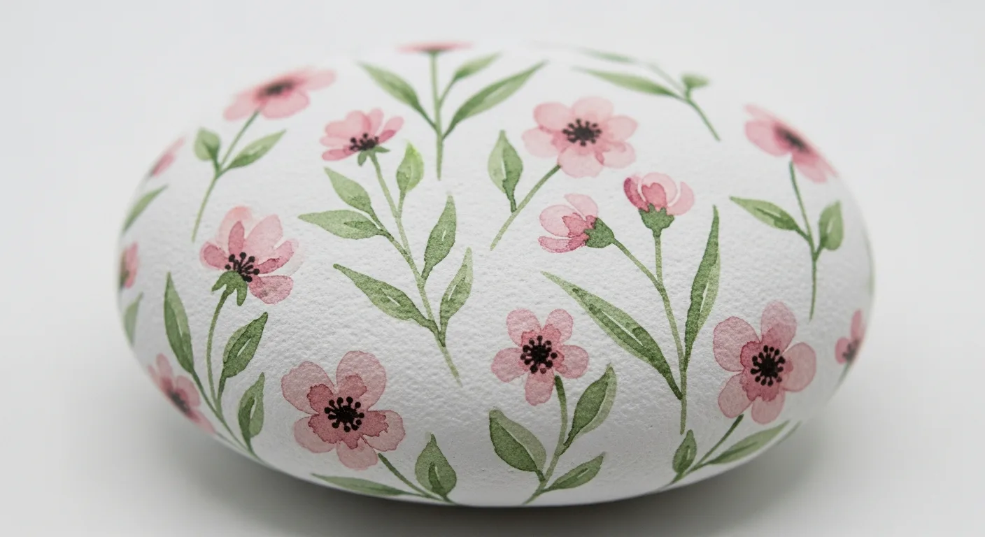A smooth round stone painted with a soft botanical watercolour-style design with delicate flowers