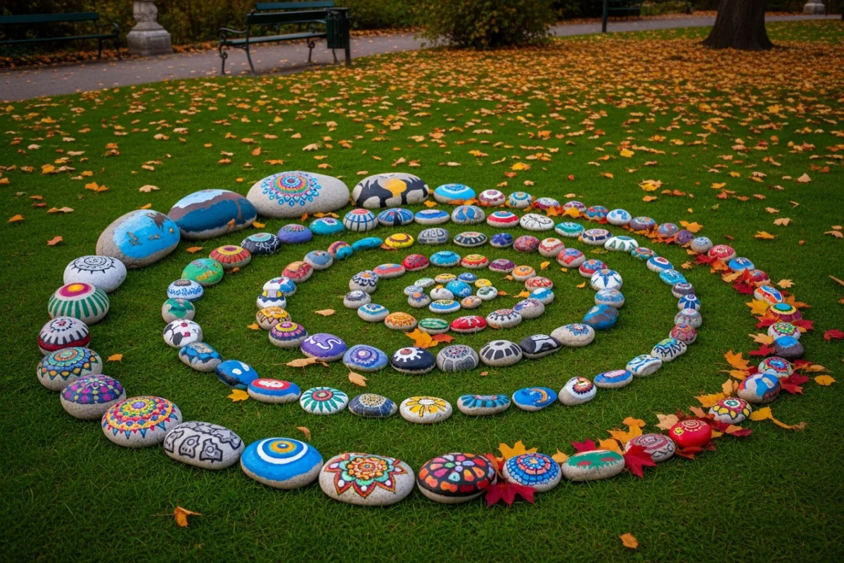 Painted rocks arranged in a spiral on a German city park lawn with autumn leaves