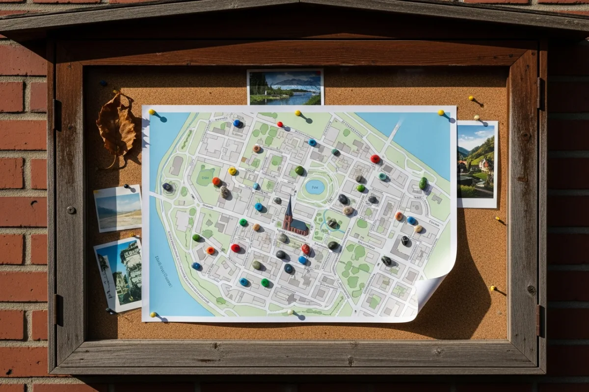 Community bulletin board with a map of painted rock hiding spots in a German city
