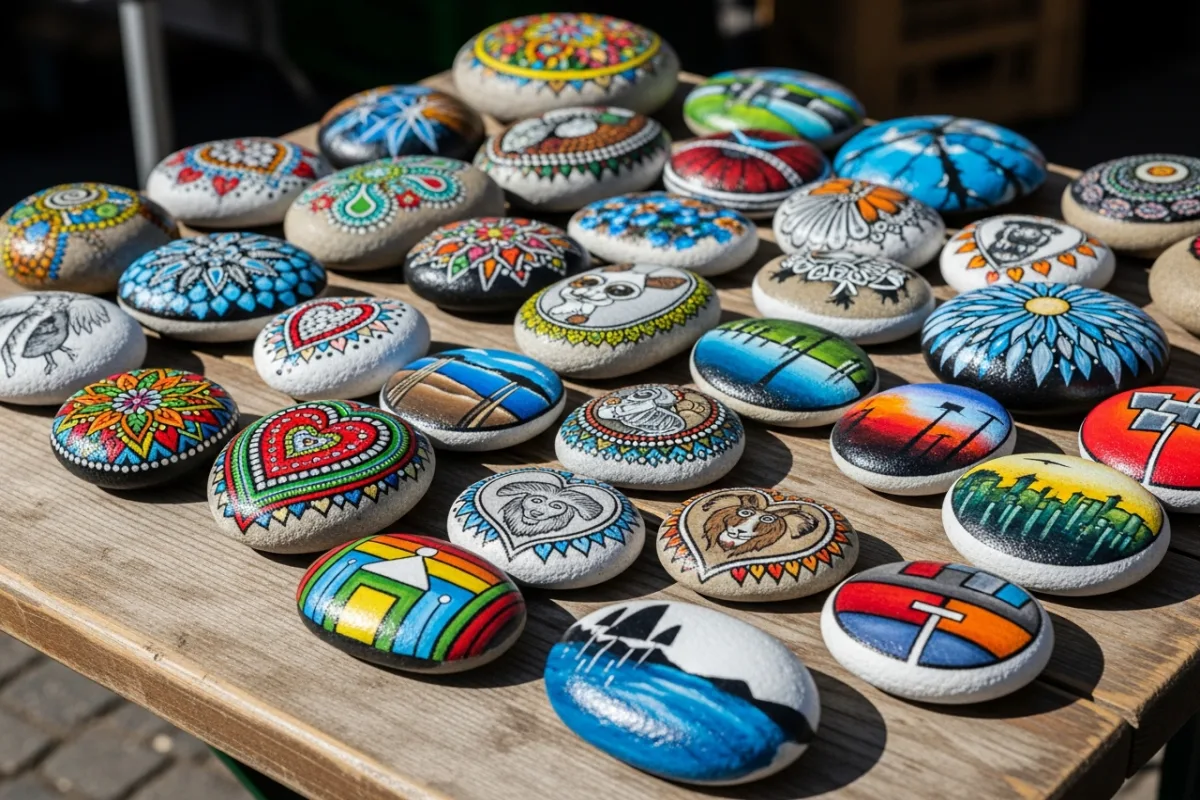Painted rocks from German artists showing diverse styles on a market table