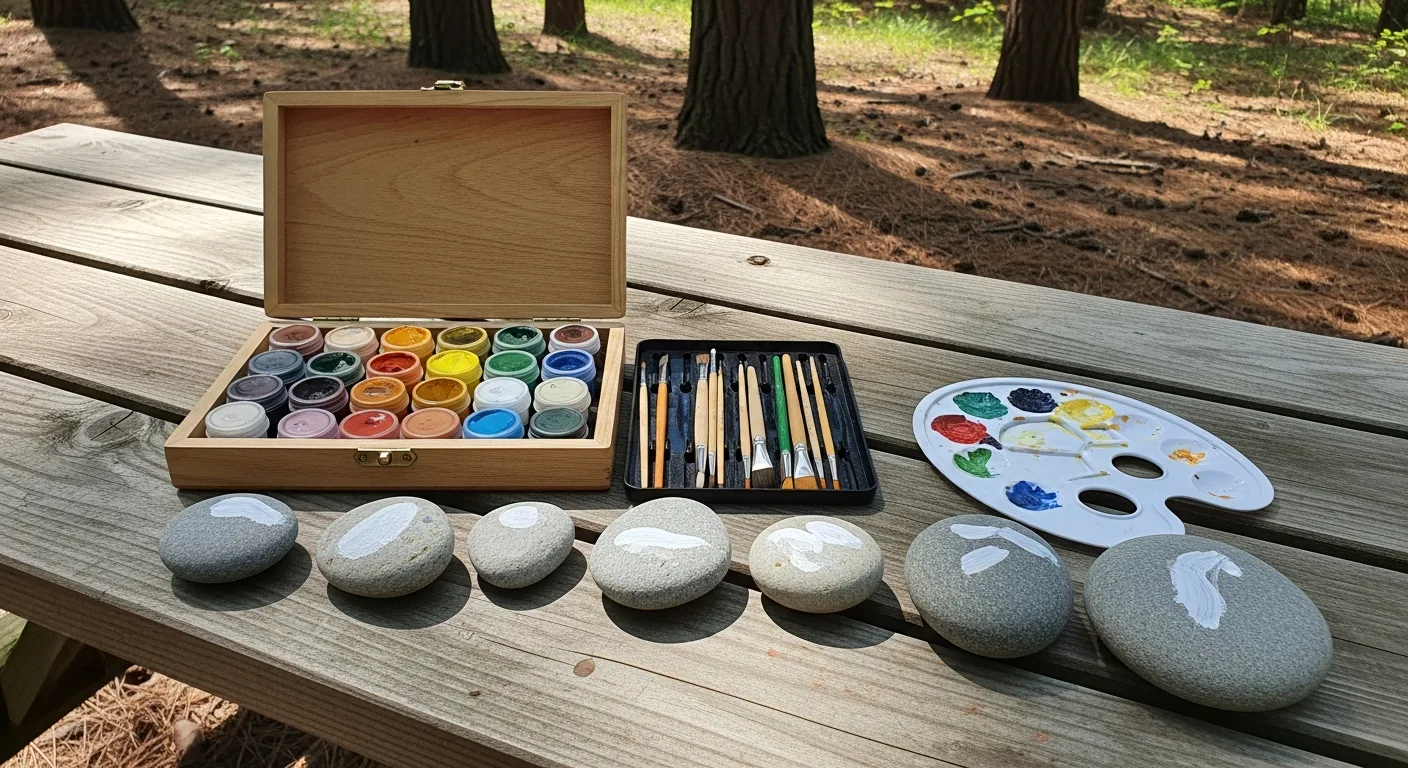 A portable painting kit with small paint pots and brushes on a camping picnic table