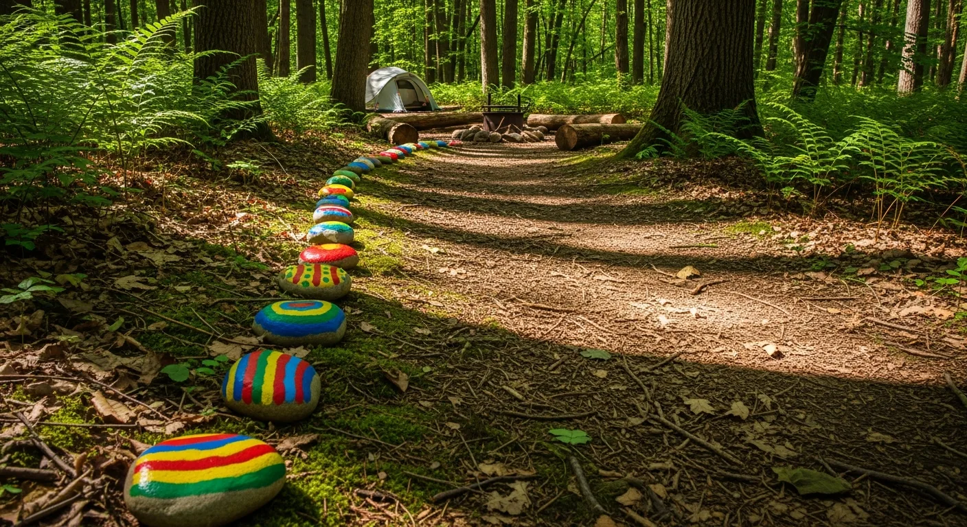 Painted rocks placed as colourful trail markers along a forest path near a campsite