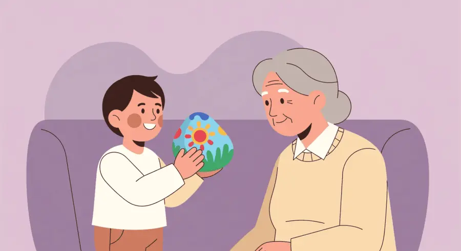 Child proudly presenting a painted rock gift to grandparent for intergenerational bonding