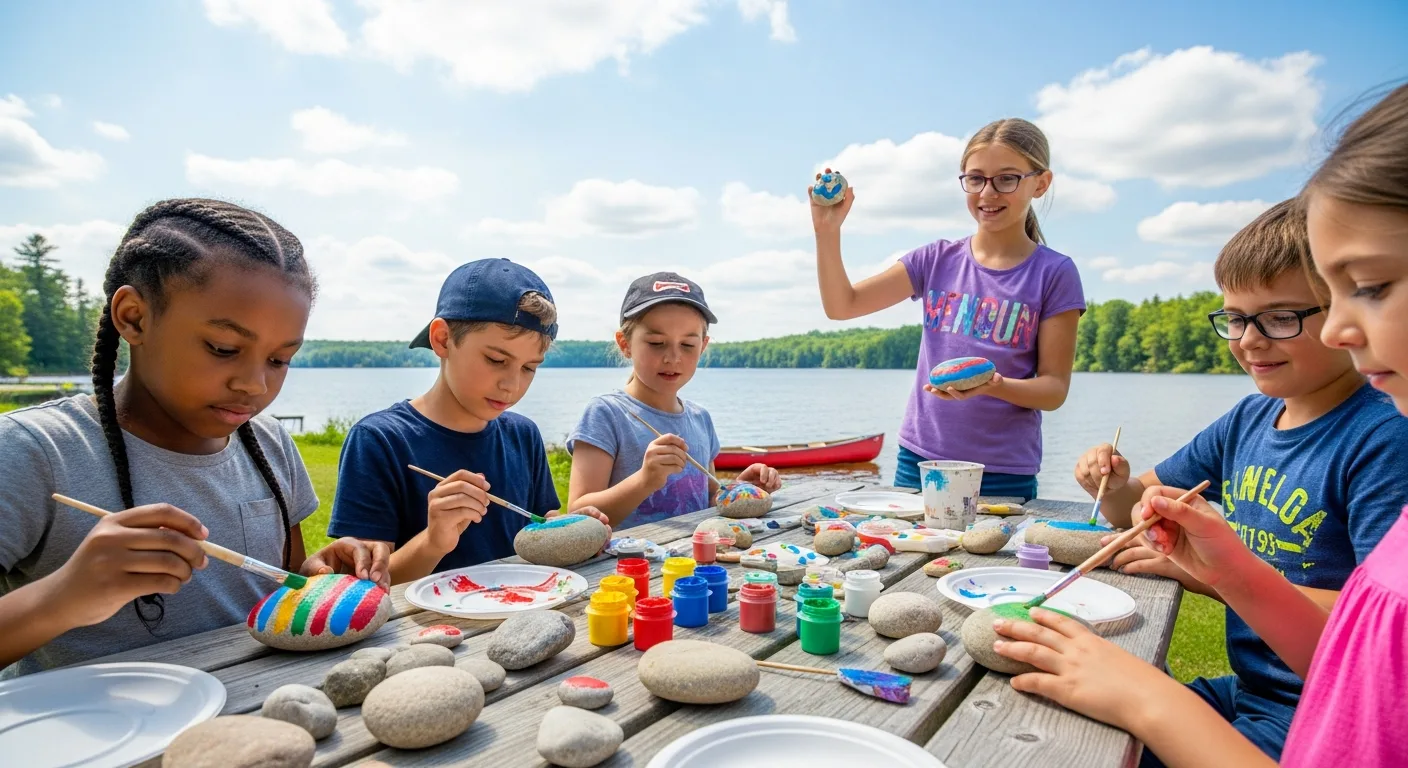 Children painting rocks at a picnic table near a lake, canoe visible on water