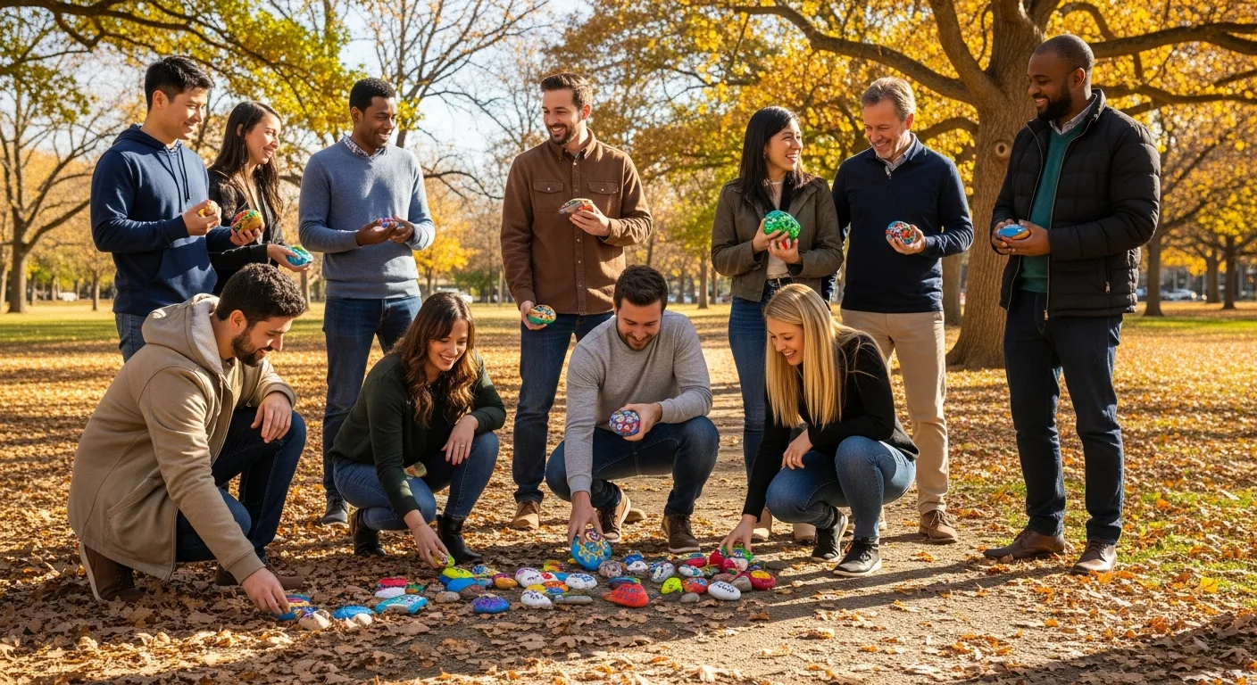 Membri di diverse comunità che posizionano rocce dipinte con l'arcobaleno in un parco pubblico