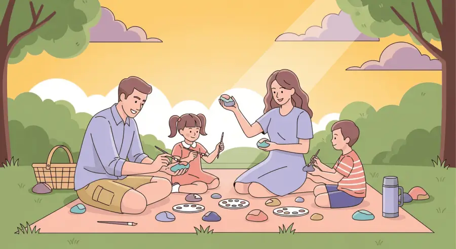 Family with children painting rocks together on a picnic blanket in a sunny park