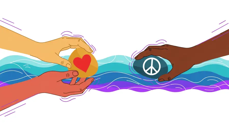 Hands exchanging painted rocks across stylized ocean waves symbolizing international friendship