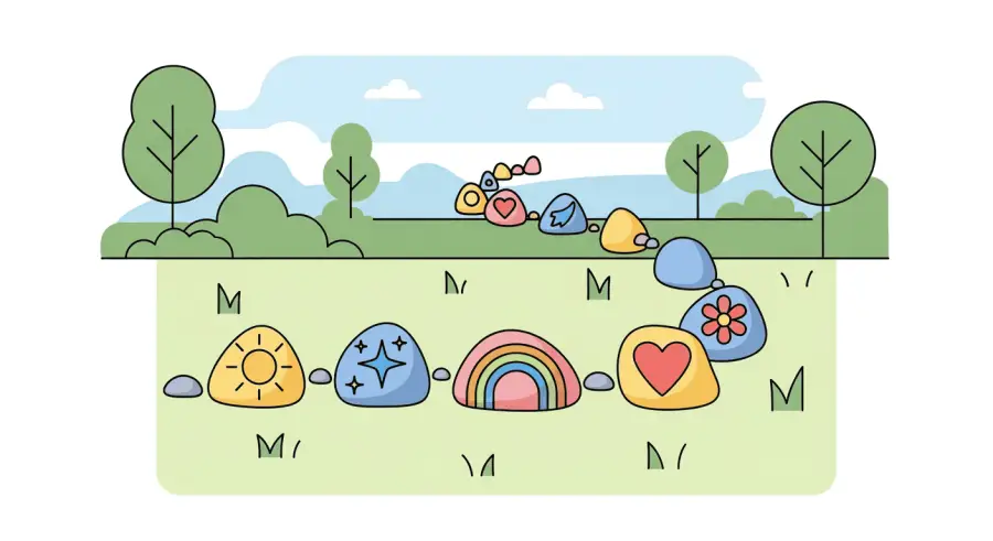 Chain of small painted rocks with positive symbols winding through a park landscape
