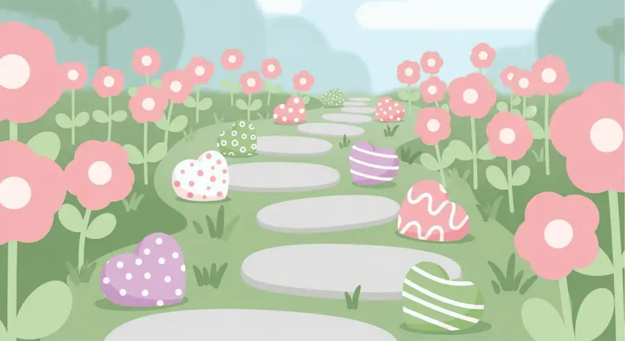 Colorful heart-painted rocks scattered along a garden path spreading kindness