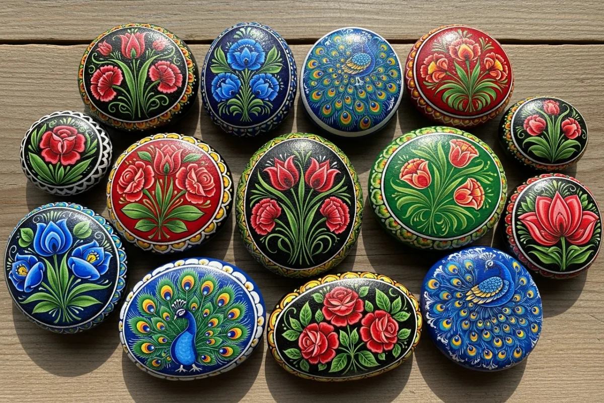 Polish wycinanki folk art patterns painted on smooth oval stones