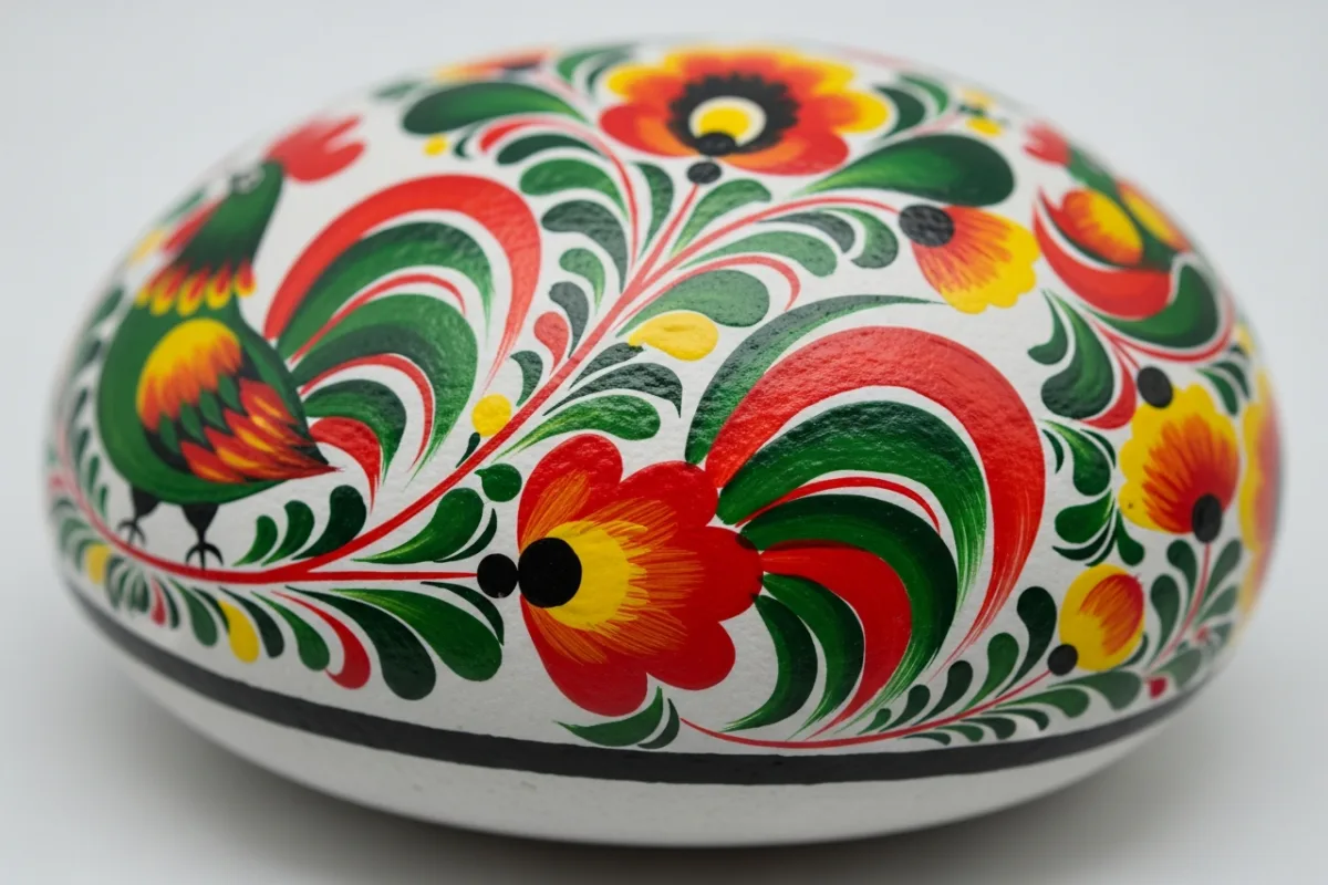 Polish painted rock with Łowicz folk pattern in bold reds, greens and yellows