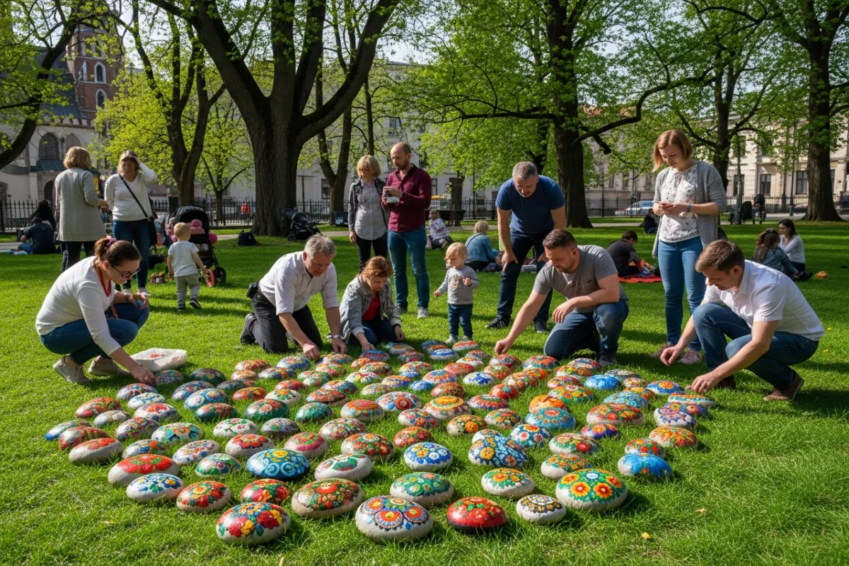 Polish rock painting group placing kamyczki in a Kraków park on Children's Day
