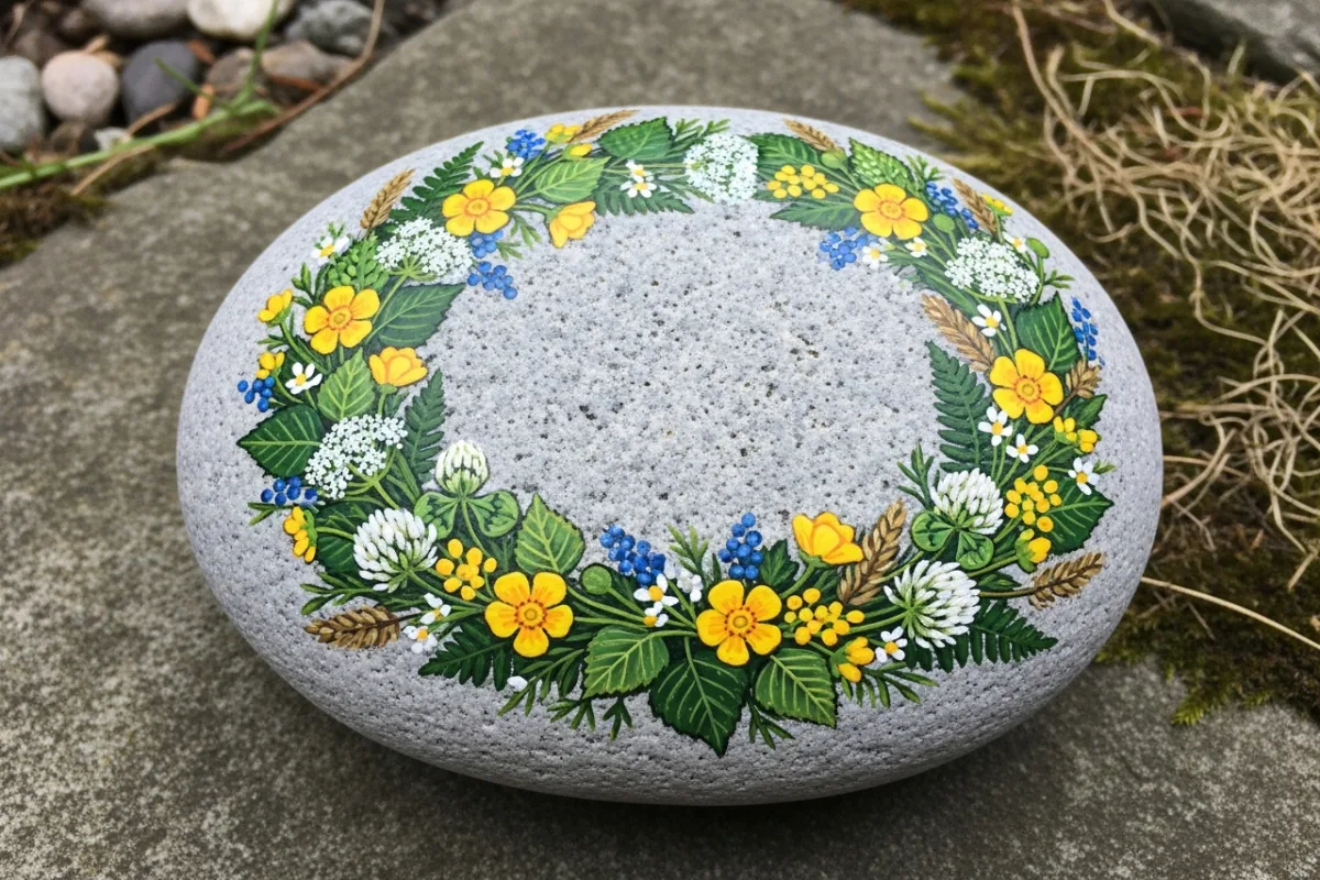 Kamień z wieńcem kwiatów midsommar w żółciach, bielach i zieleniach
