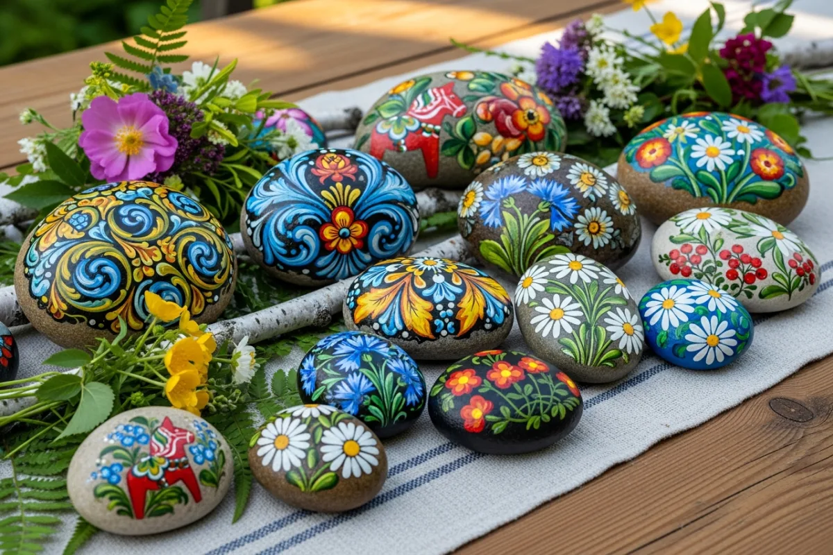 Malowane kamienie ze szwedzkimi wzorami folklorystycznymi na stole midsommar