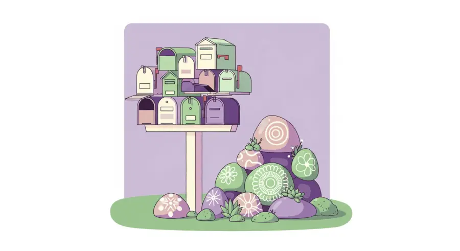 Small decorated rock garden beside a neighborhood path showing community connection