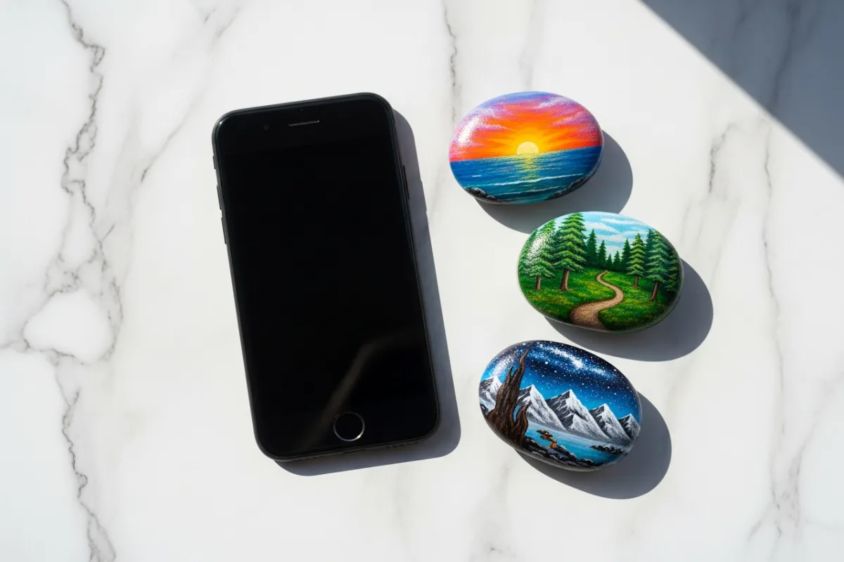 Smartphone flat lay on marble beside 3 painted rocks arranged for social media photo